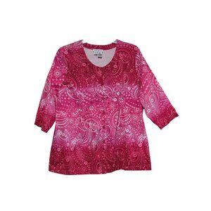 Ulla Popken Womens Plus Size Pink Paisley Quarter Sleeve Top 20/22 Pockets Fairy